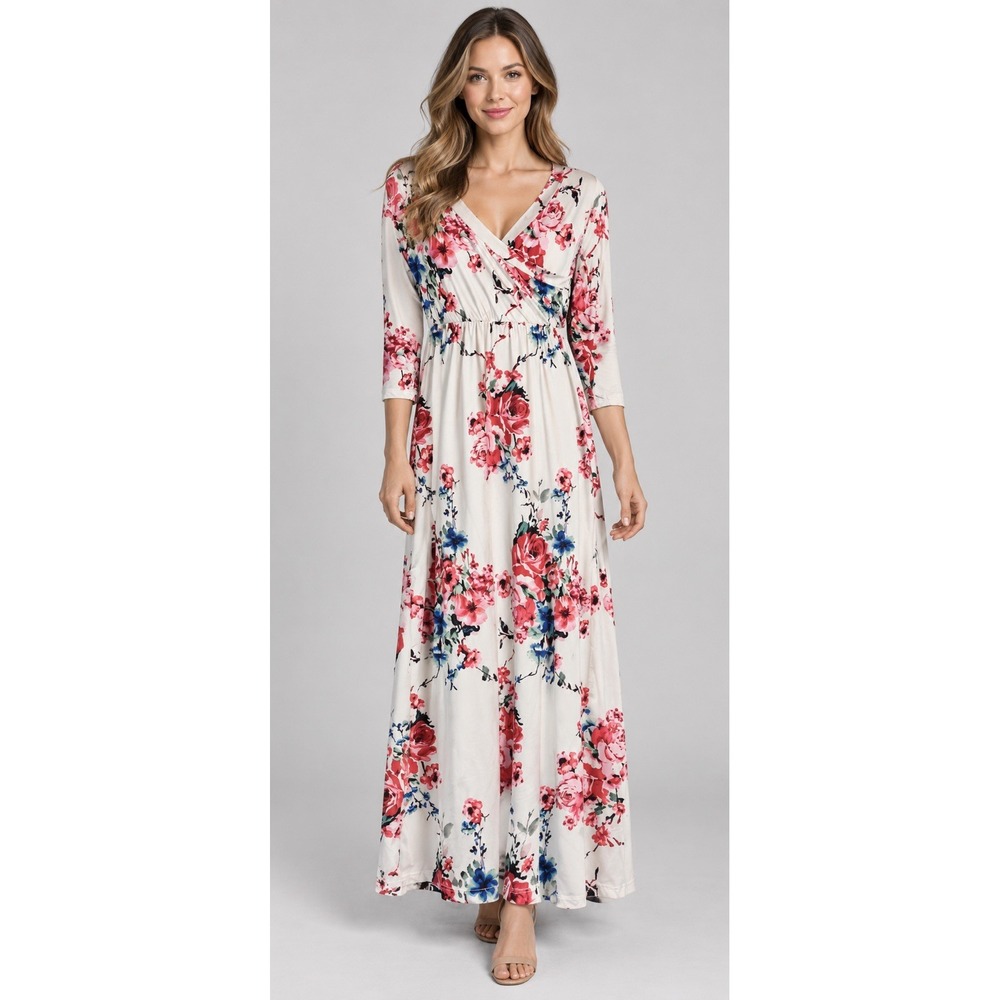 Ruiyige Womens Maxi Dress Ivory Red Floral Stretch 3/4 Sleeve Draped V-Neck S